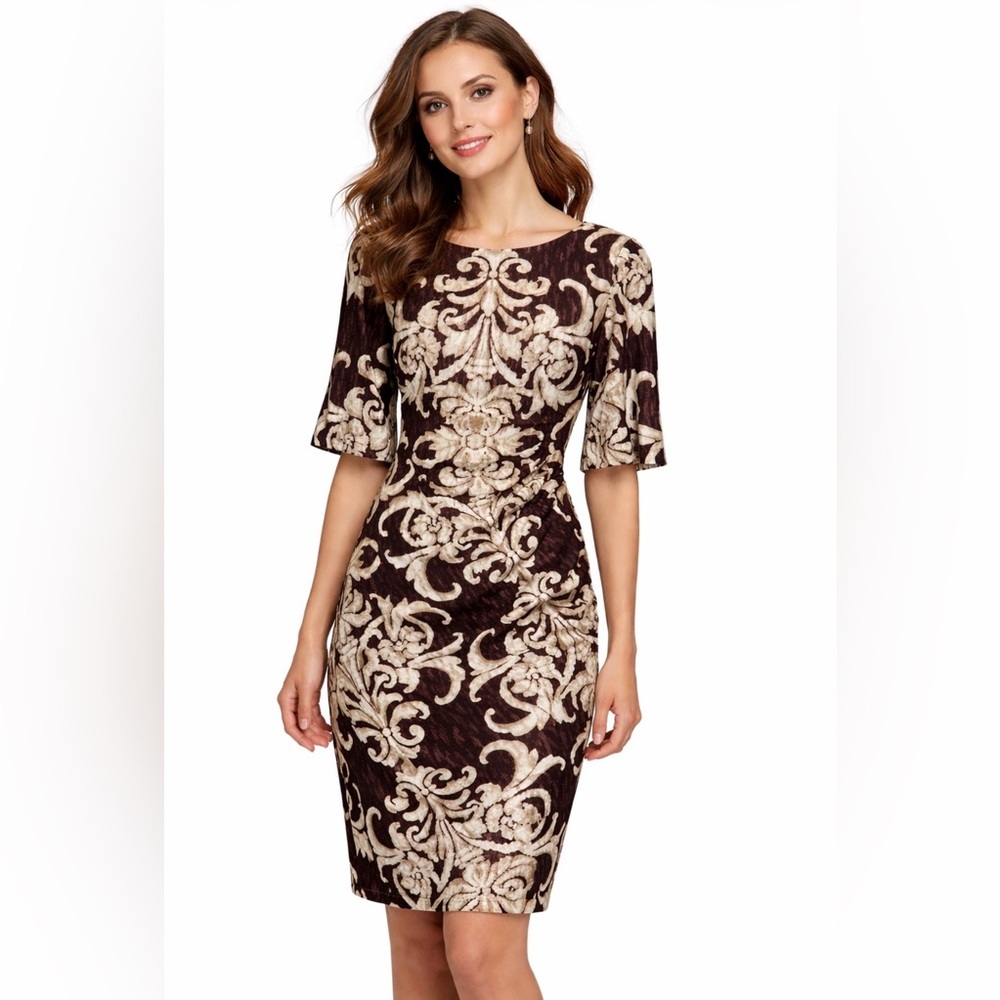 Connected Dress 12 Brown Cream Short Sleeve Stretch Sheath Washable New